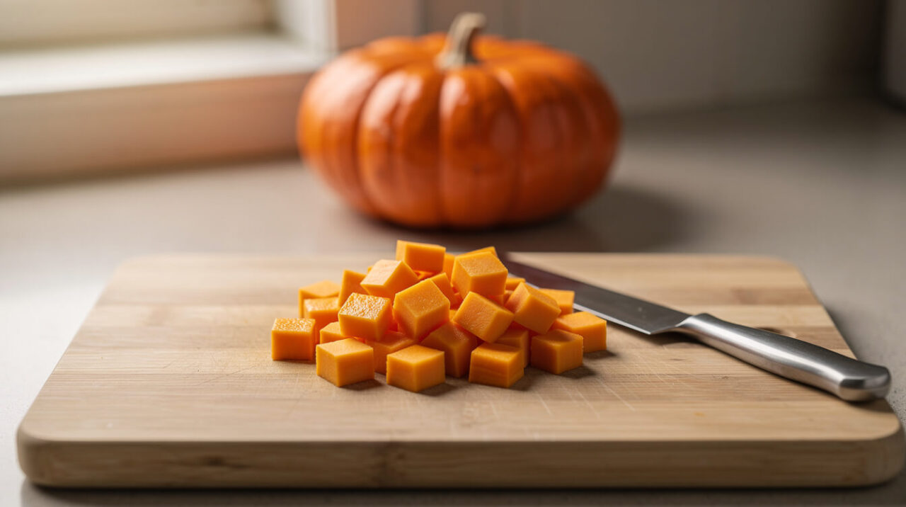 Diced raw peeled pumpkin flesh on a cutting board, prepared for guinea pigs