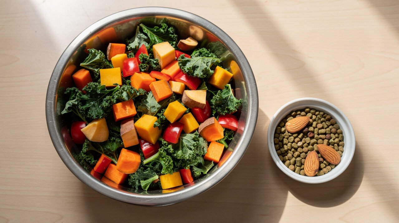 Chopped vegetables and formulated pellets prepared as part of a balanced African grey diet