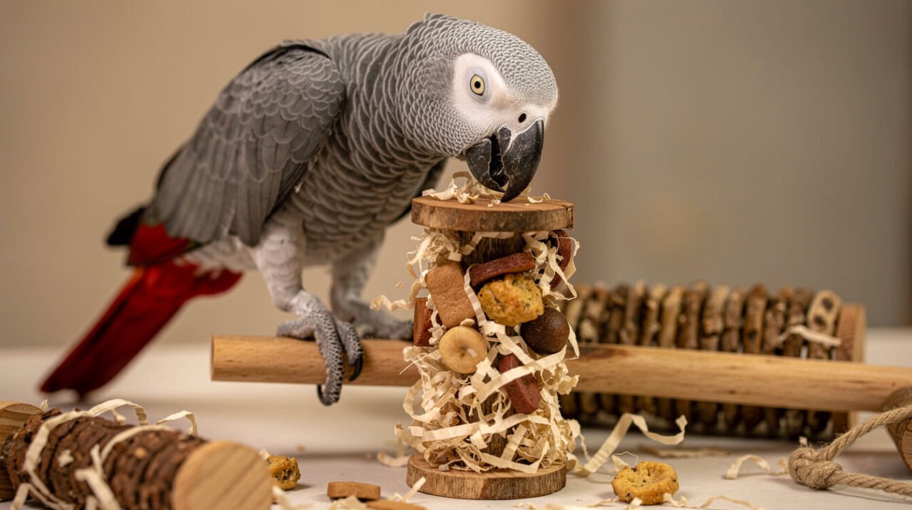 African grey parrot working a wooden foraging puzzle toy