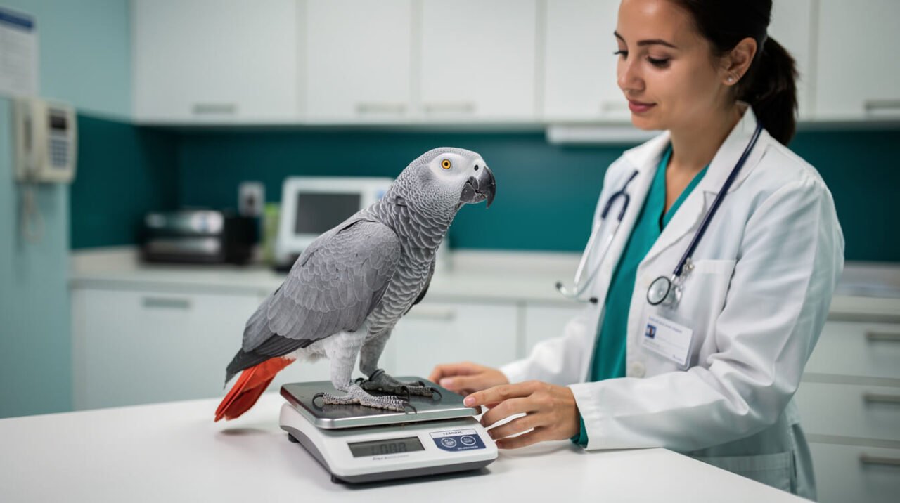 Avian veterinarian weighing a calm African grey parrot during a wellness exam