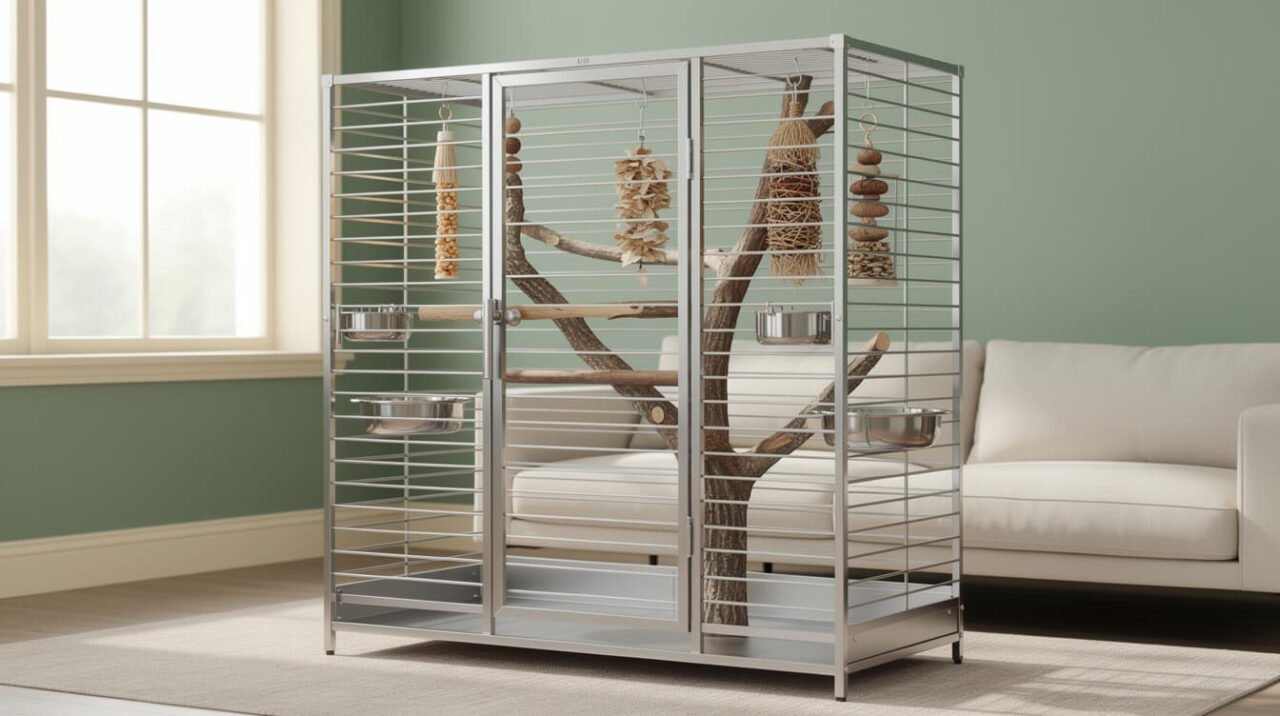 Large powder-coated parrot cage with natural branch perches set up for an African grey