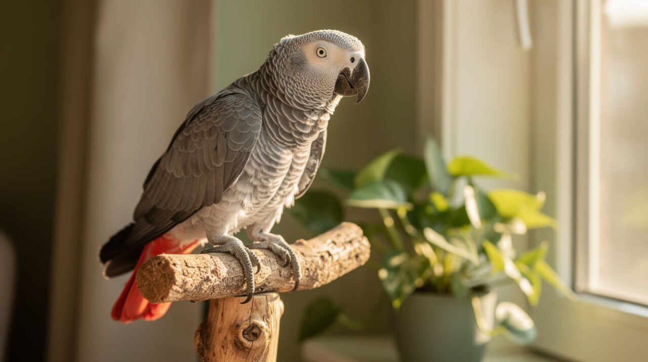 African grey parrot in morning sunlight beside a window