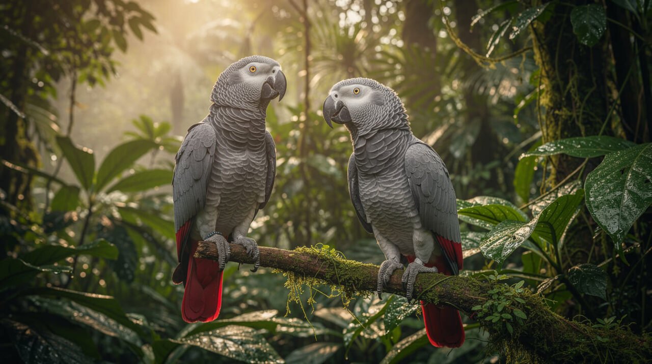 Wild Congo African grey parrots in Central African rainforest canopy