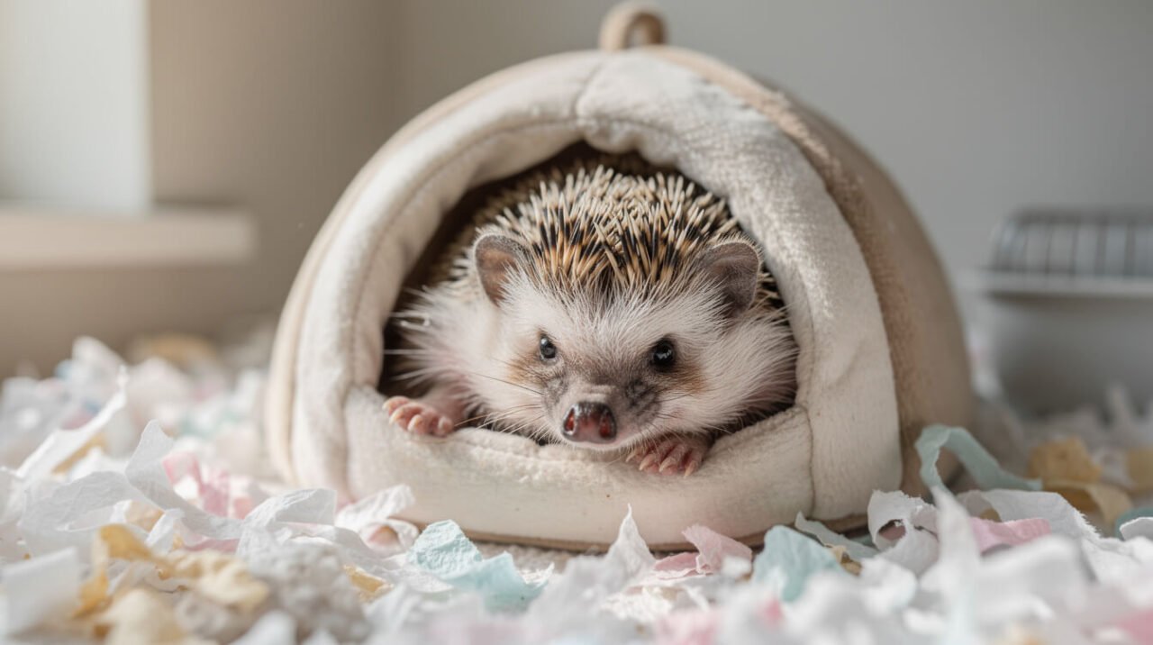 African pygmy hedgehog resting in a fleece-lined hide