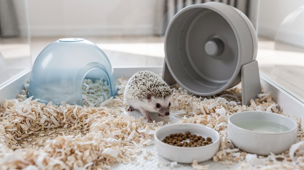 spacious hedgehog enclosure with solid exercise wheel, hide, and paper bedding