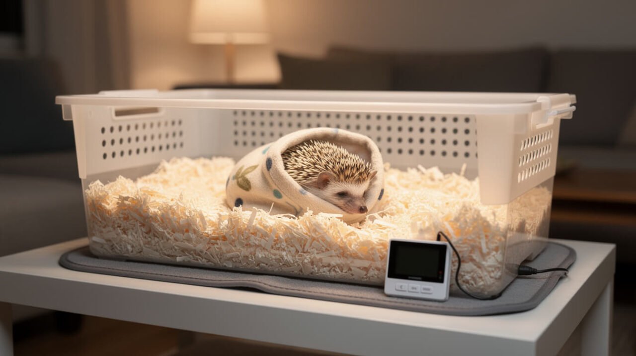 ceramic heat emitter and thermometer set up above a hedgehog enclosure