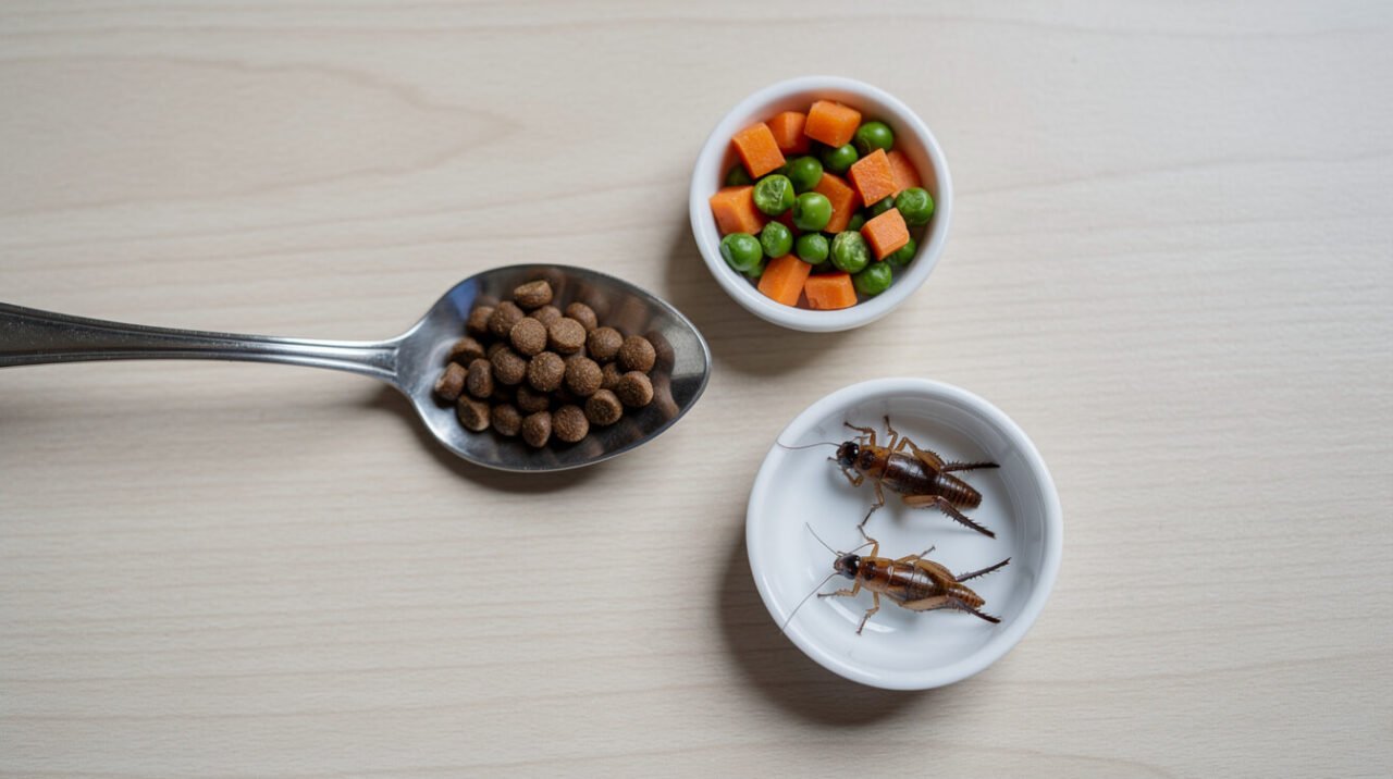 measured teaspoon of insectivore kibble beside a small dish of vegetables for a hedgehog
