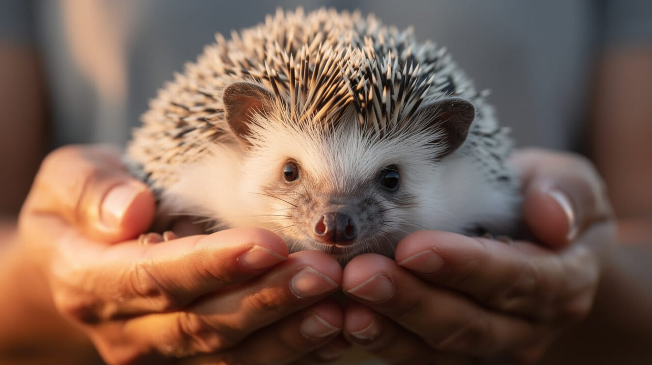 person gently holding a calm African pygmy hedgehog in two cupped hands