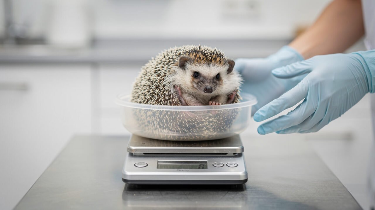 exotic animal veterinarian weighing an African pygmy hedgehog on a gram scale
