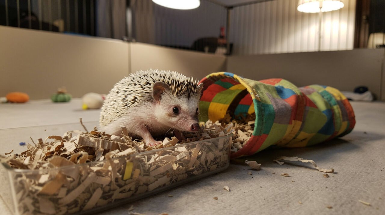 hedgehog exploring a dig box during evening playtime
