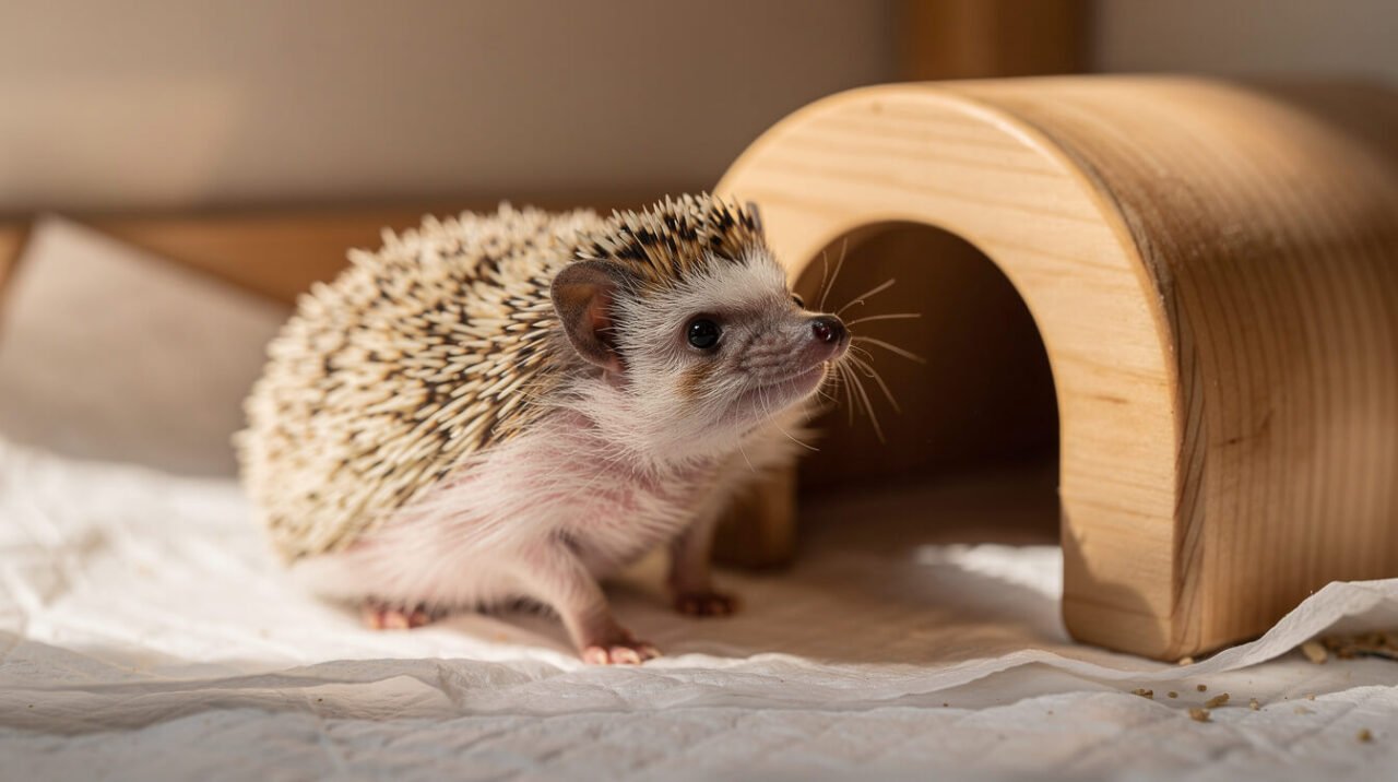 African pygmy hedgehog sniffing the air beside its hide