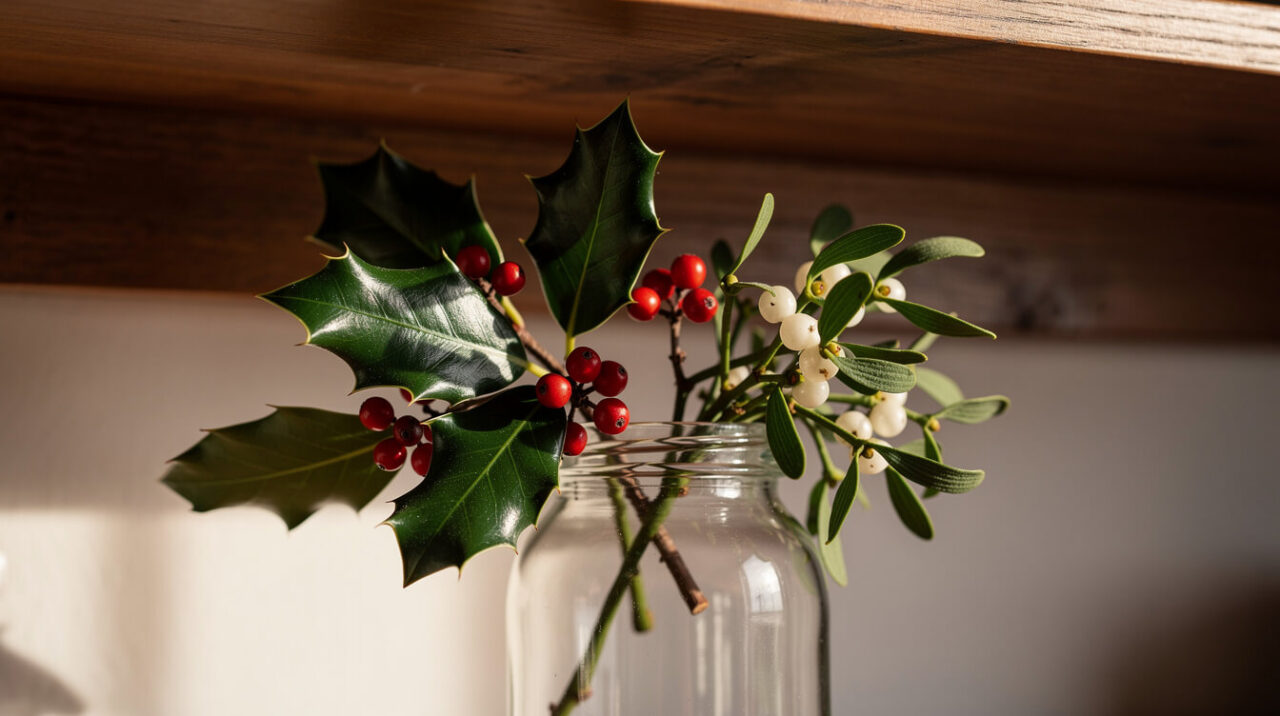 Holly sprigs with red berries and mistletoe with white berries in a glass jar on a high shelf