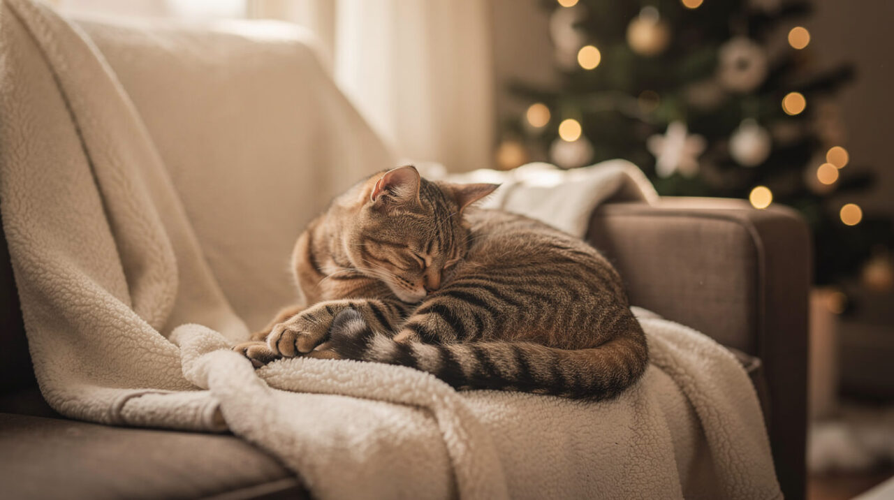 A tabby cat asleep on a blanket with a Christmas tree in the background