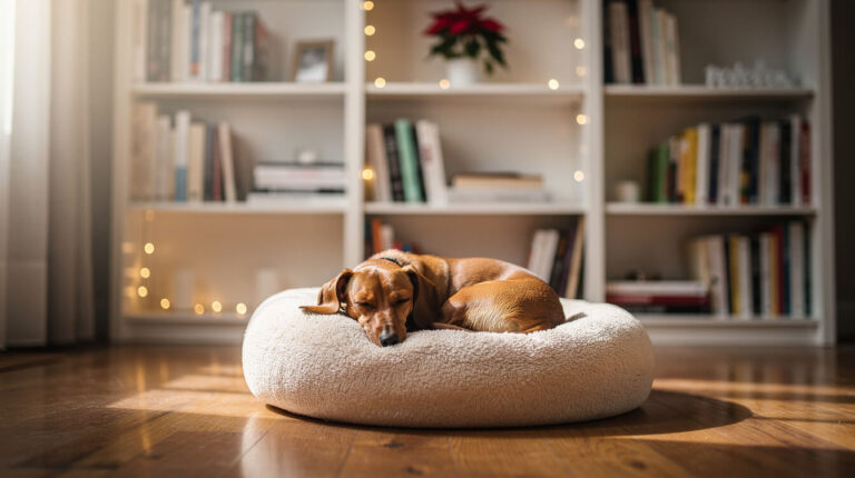 A small dachshund asleep in a dog bed below a poinsettia on a high bookshelf