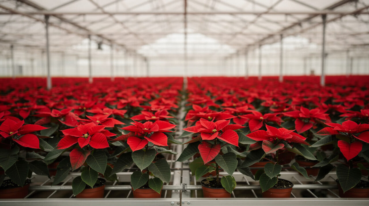 Rows of red poinsettias growing in a commercial greenhouse