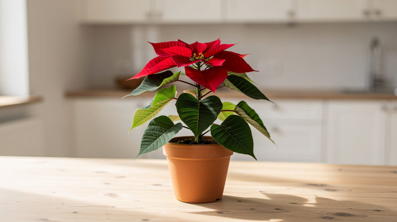 A red poinsettia in a terracotta pot on a kitchen table
