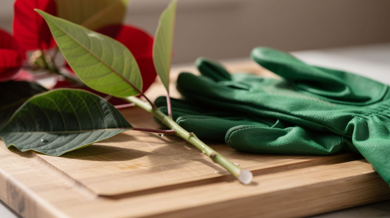 A cut poinsettia stem with a bead of sap beside green gardening gloves