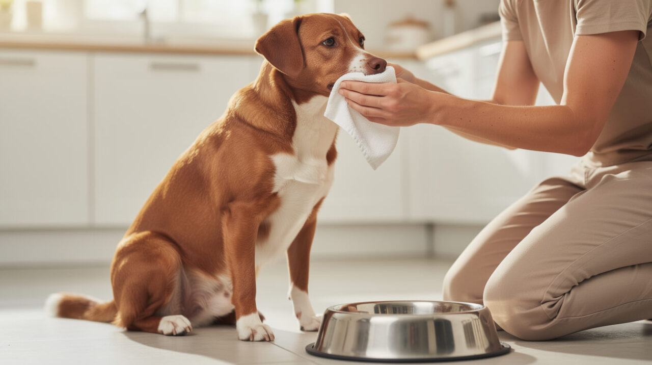 An owner gently wiping a calm dog's mouth with a damp cloth next to a water bowl