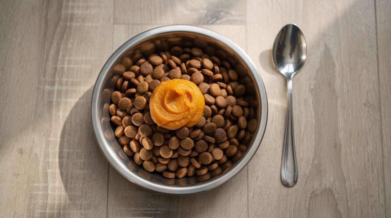 A small spoonful of plain canned pumpkin on top of a bowl of dog kibble