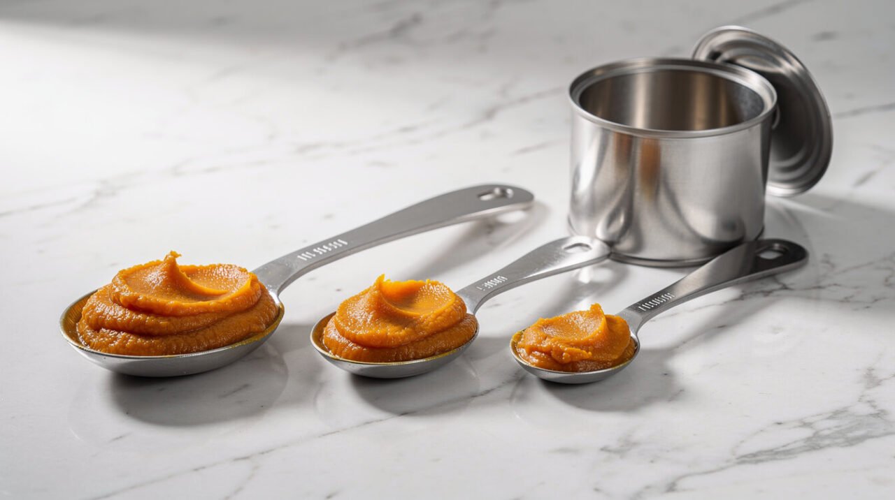How much pumpkin to give a dog: measuring spoons of plain pumpkin puree