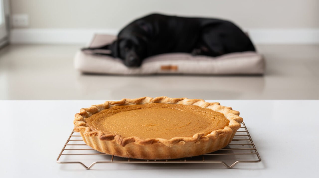 A pumpkin pie cooling far back on a kitchen counter while a dog rests across the room