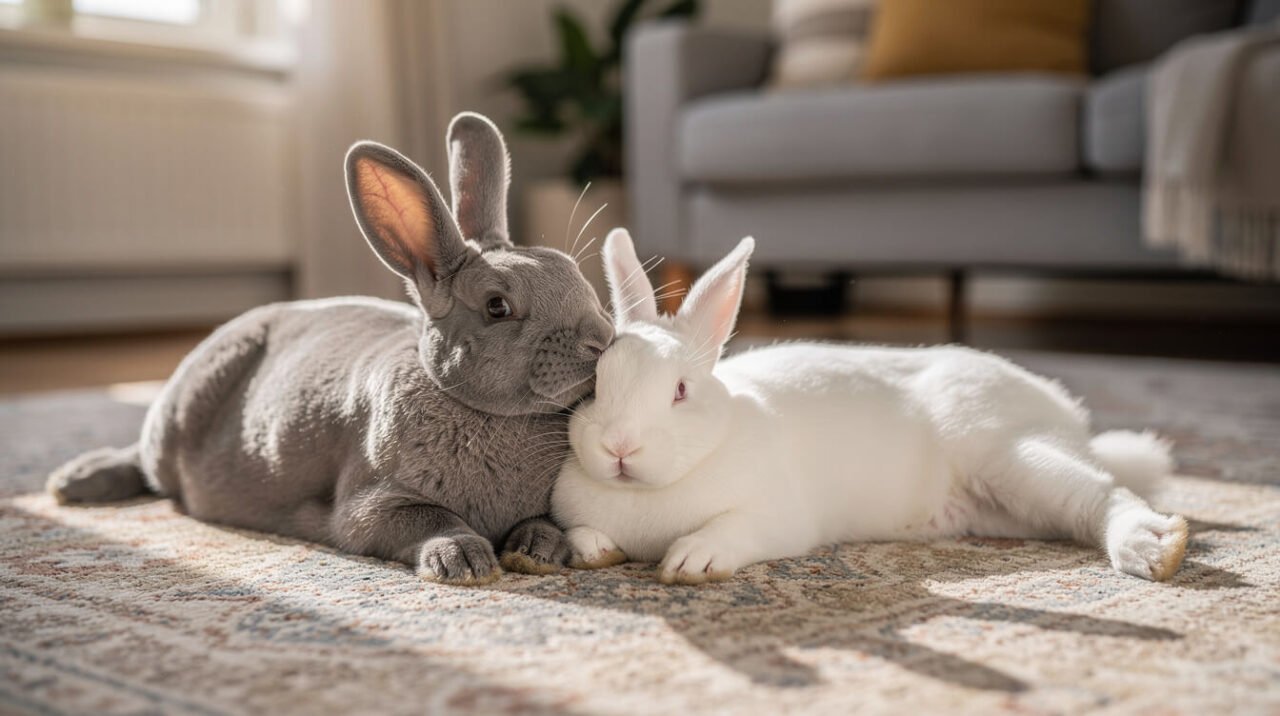 Two bonded domestic rabbits lying side by side on a rug, one grooming the other