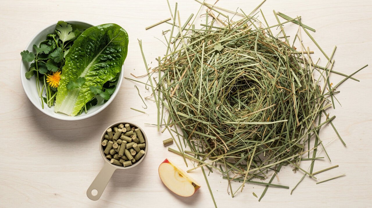 A pet rabbit's correct daily diet: a large pile of timothy hay, fresh leafy greens, and a measured quarter cup of plain pellets