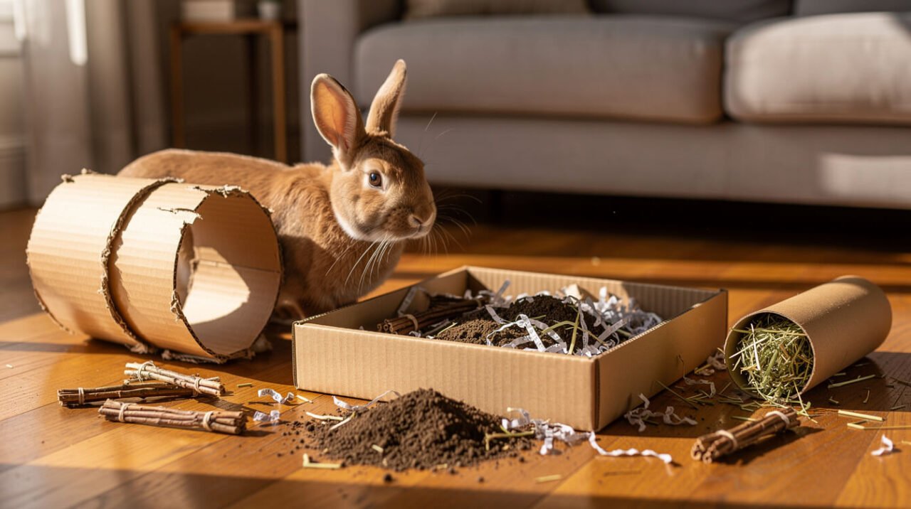 Rabbit enrichment setup with a cardboard tunnel, digging box, and willow chew sticks
