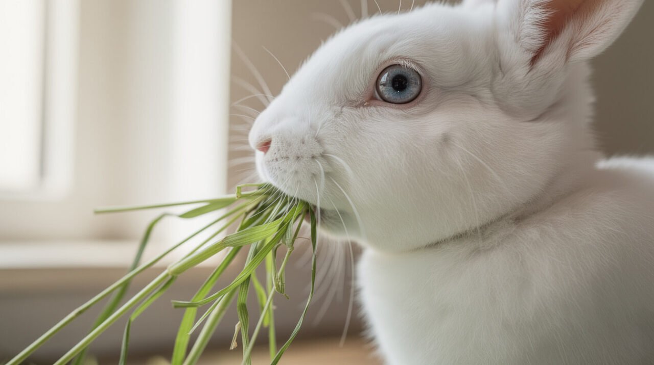 Healthy domestic rabbit eating long grass hay, with a bright eye and clean nose