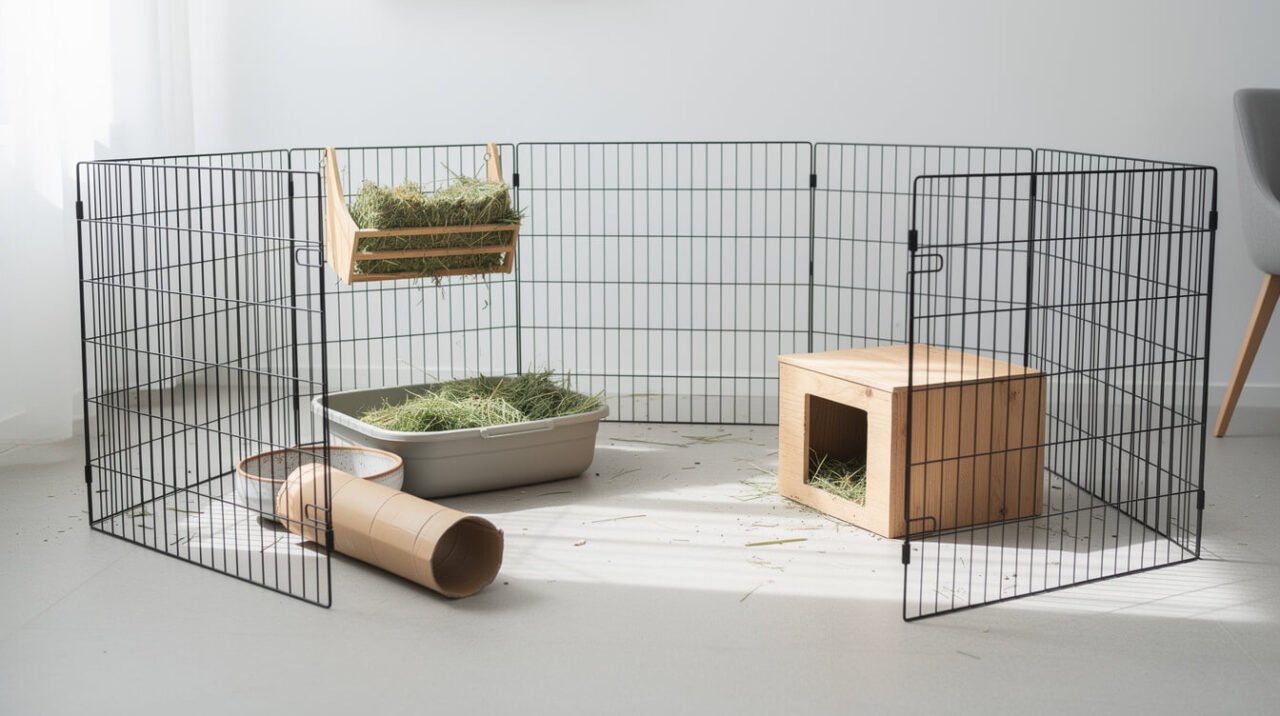 Correctly set up indoor rabbit pen with a hay-filled litter tray, hide box, and open floor space