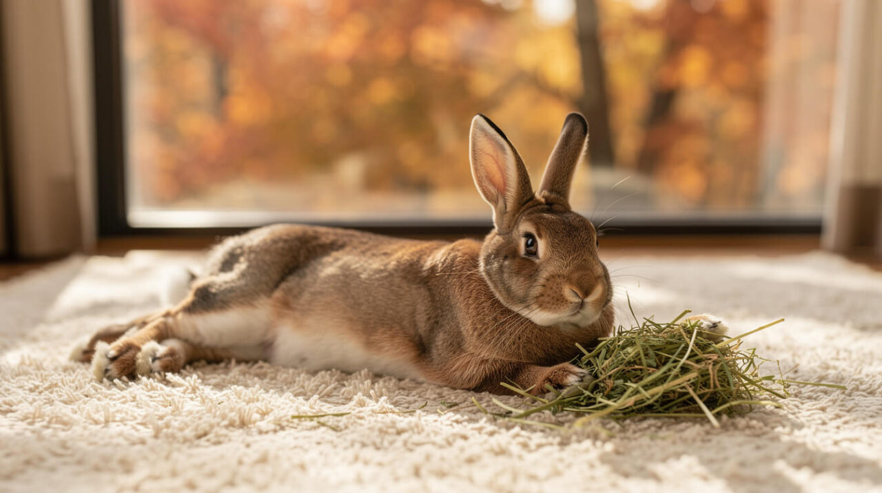 A relaxed brown rabbit lying stretched out on a rug beside an autumn window