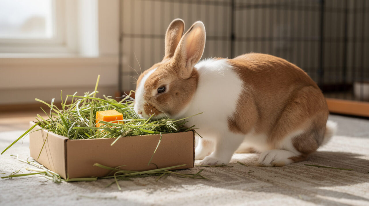 A brown and white rabbit foraging in a box of hay with a small cube of pumpkin hidden inside