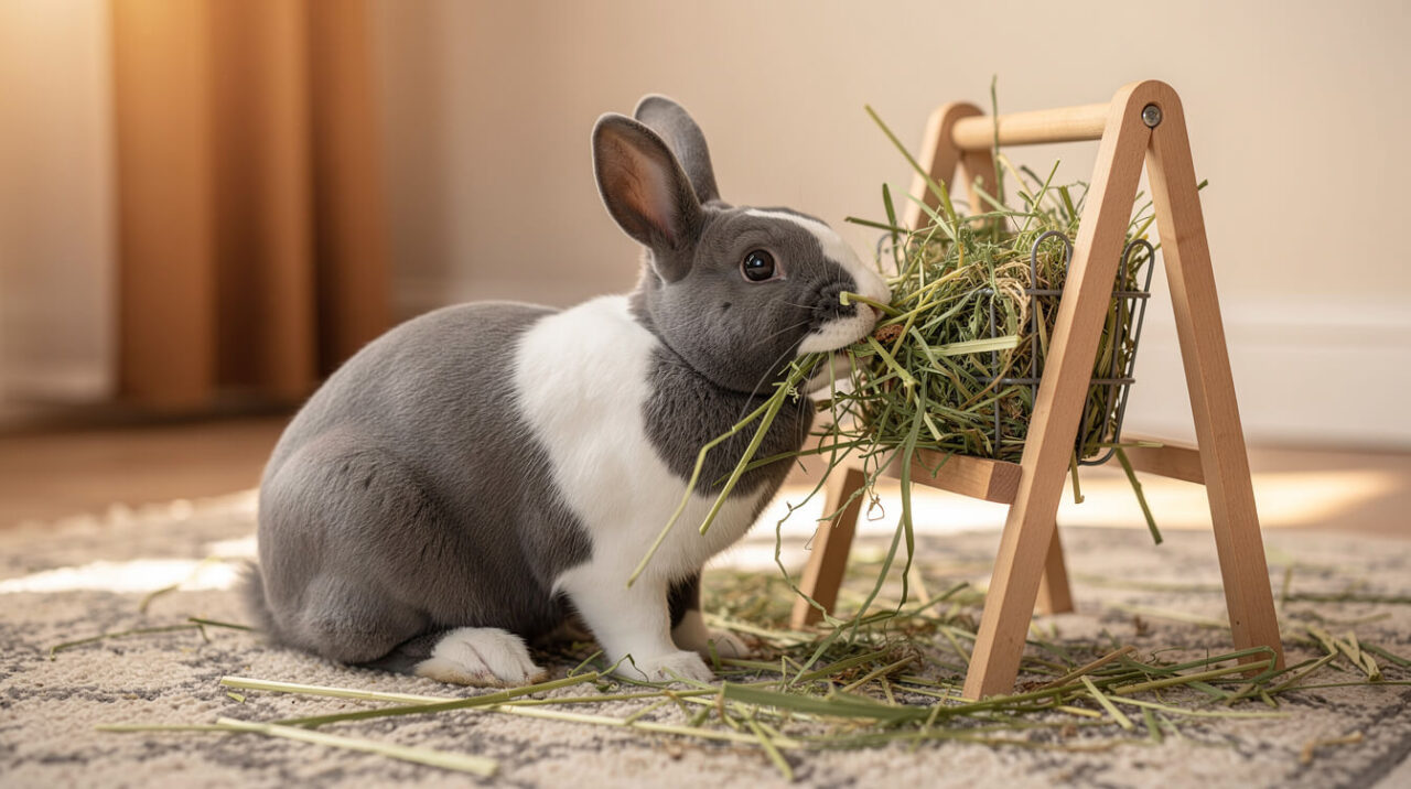 A grey and white rabbit eating timothy hay from a wooden hay rack
