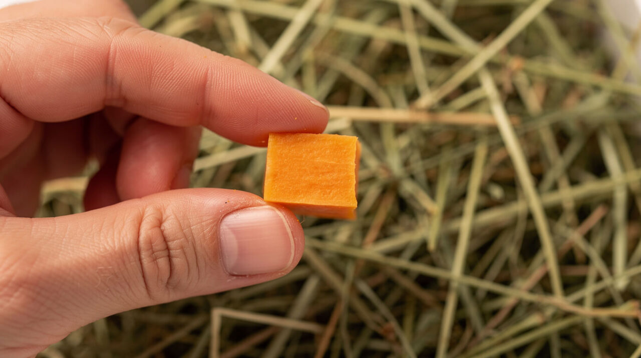 A thumbnail-sized cube of raw pumpkin held between two fingertips above a pile of timothy hay