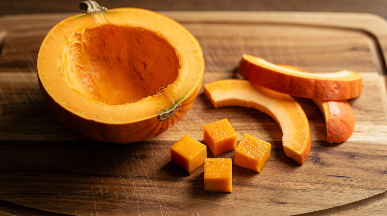 Half a pie pumpkin scraped clean of seeds and pulp, with peeled orange cubes and removed rind on a cutting board