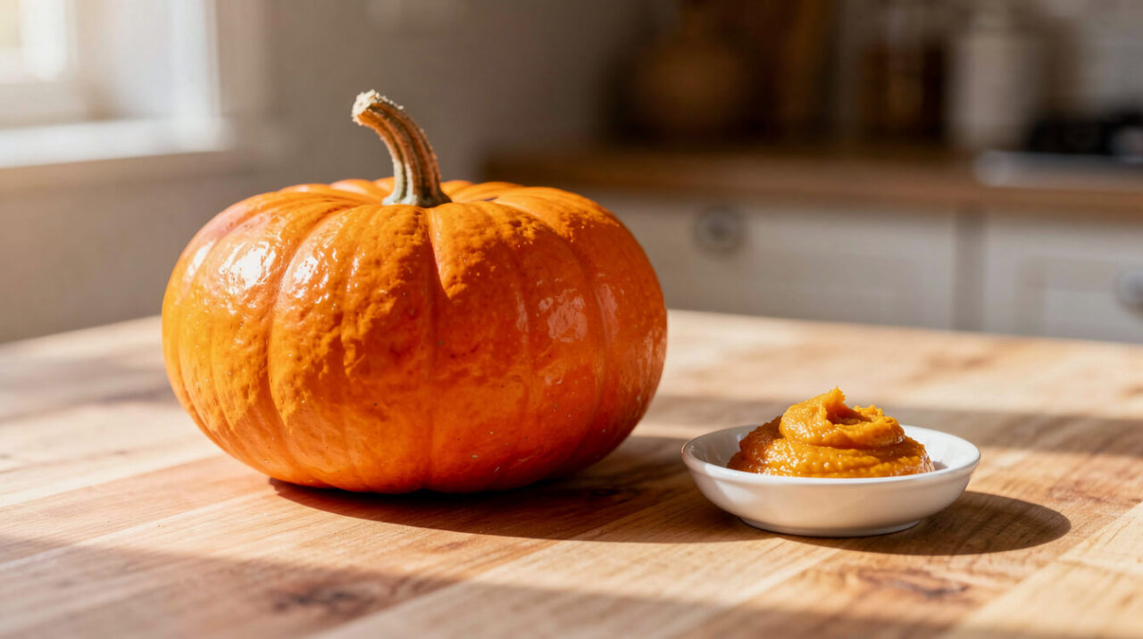 A fresh, unblemished pie pumpkin beside a small dish of plain pumpkin puree on a kitchen counter