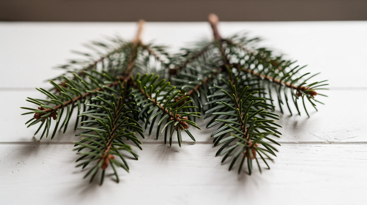 Sprigs of real fir branches showing the short needles a cat might chew