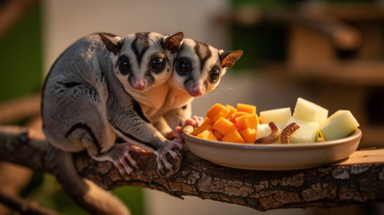 Two sugar gliders sharing a small dish of diced sweet potato, melon, and mealworms
