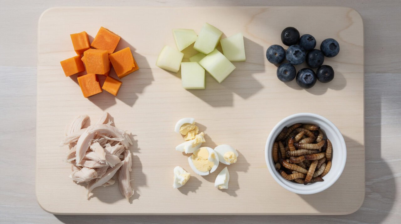 Small portions of safe sugar glider foods: sweet potato, melon, blueberries, cooked chicken, egg, and mealworms