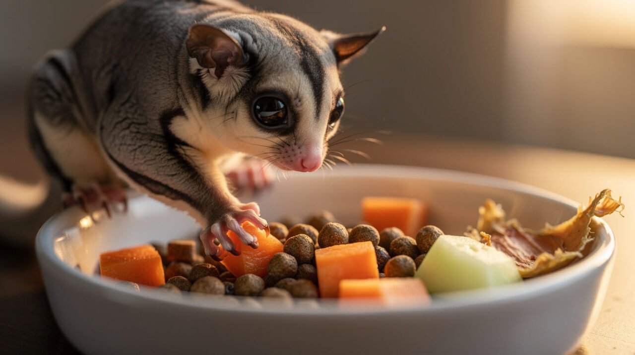 Sugar glider picking through a dish of pellets and diced produce