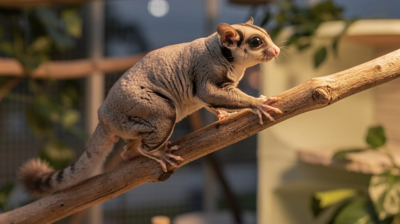 Healthy sugar glider climbing a branch with strong hind legs