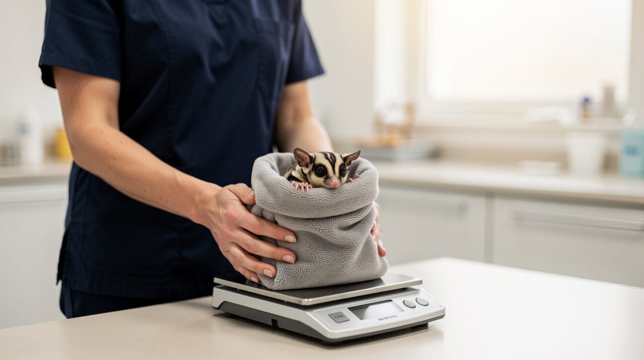 Exotic animal vet weighing a calm sugar glider in a fleece pouch