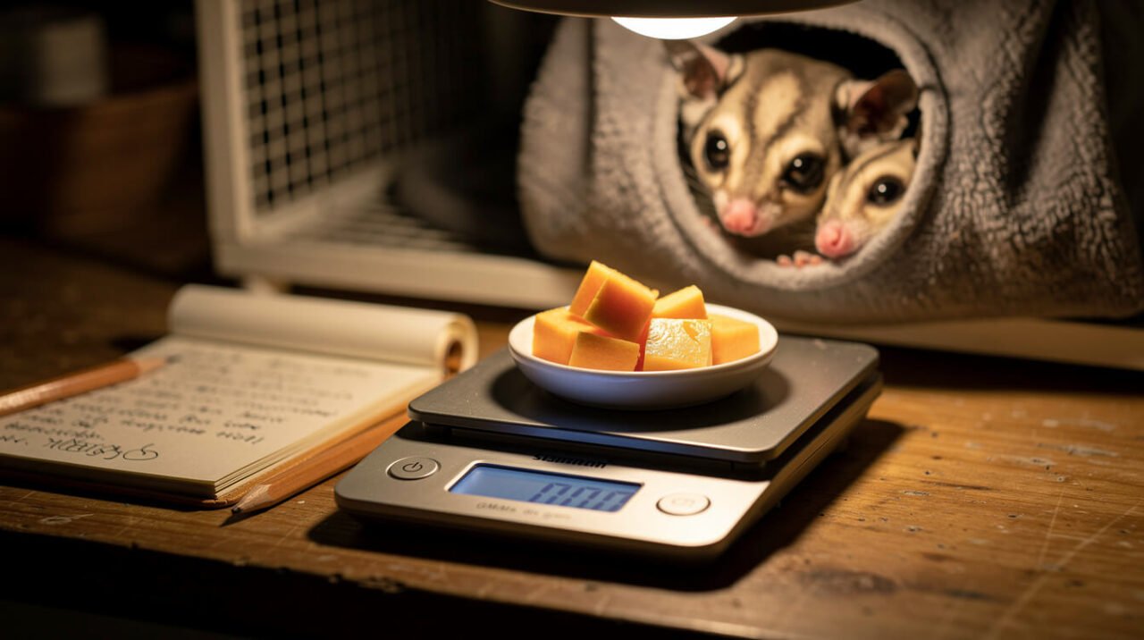 Weighing a sugar glider's leftover food on a gram scale with gliders peeking from a pouch