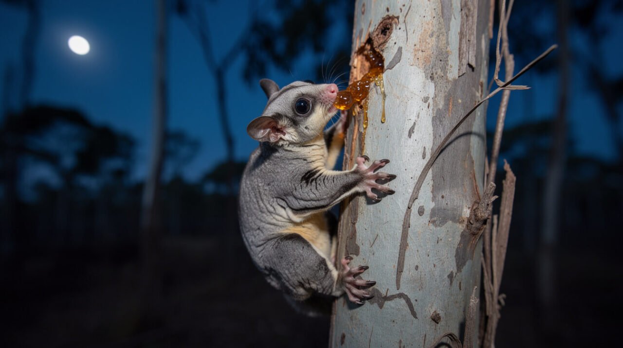 Wild sugar glider licking gum from a eucalyptus tree at night